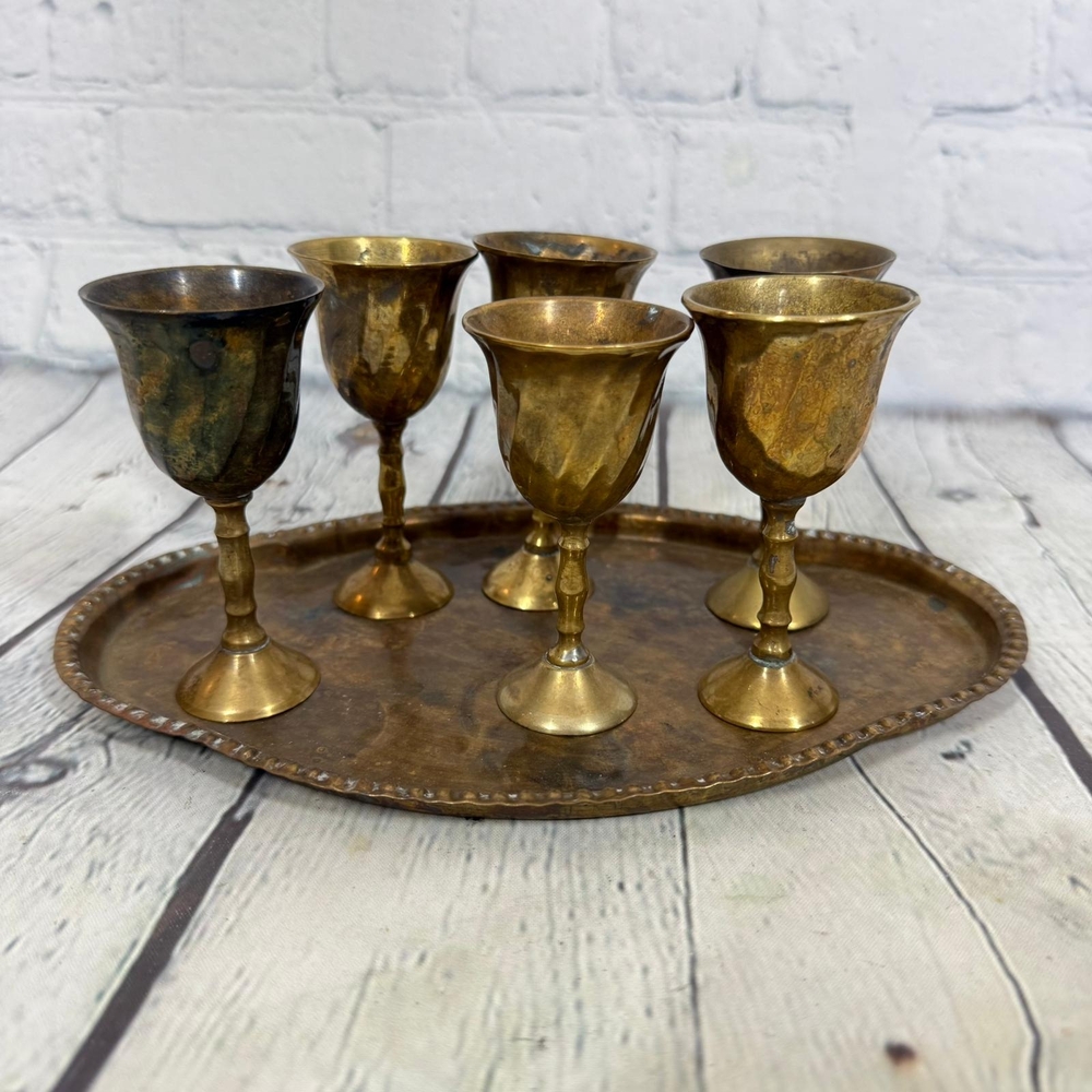 Vintage Brass Goblet Set with Tray - Picture 3 of 11